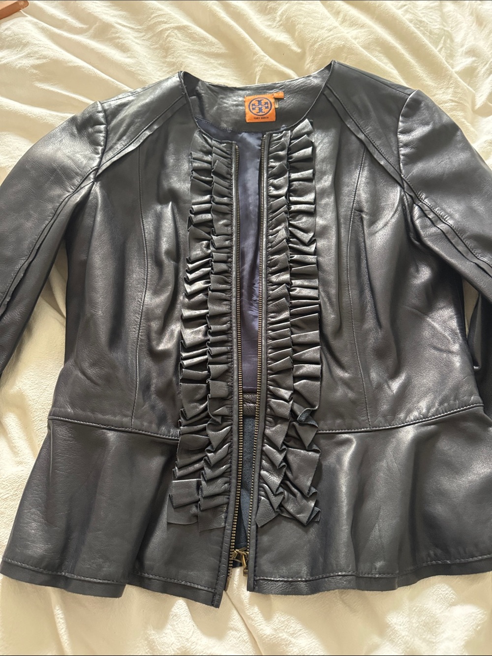 Tory Burch Leather Ruffle Jacket navy Size 8